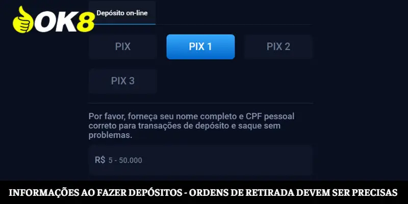 As informações ao fazer pedidos de depósito e retirada precisam ser precisas