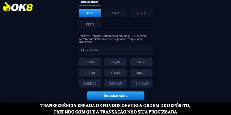 Transferir a quantia errada de dinheiro devido à ordem de depósito faz com que a transação não seja processada